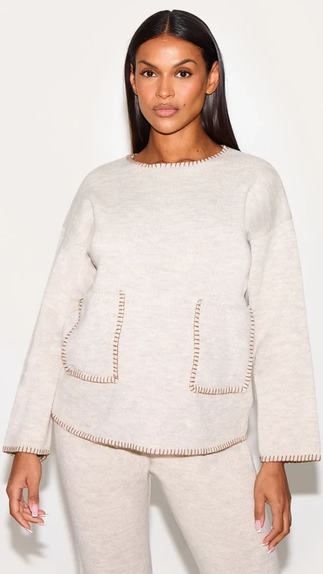 Maternity Oatmeal Knitted Contrast Stitch Pocket Detail Sweater