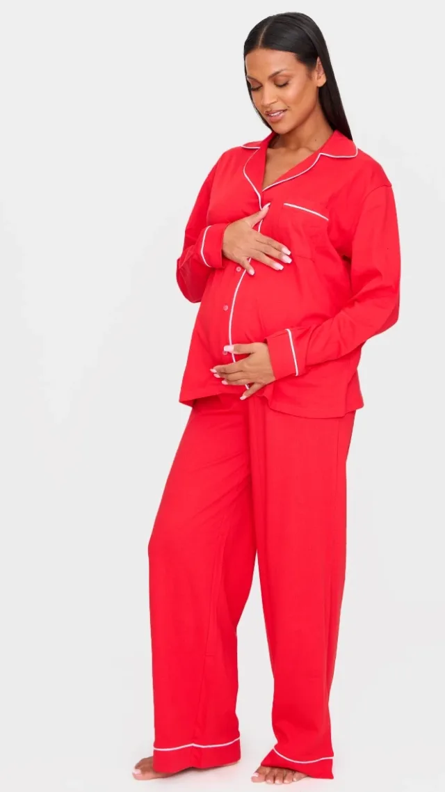 Maternity Red Jersey Piping Detail Long Pj Set