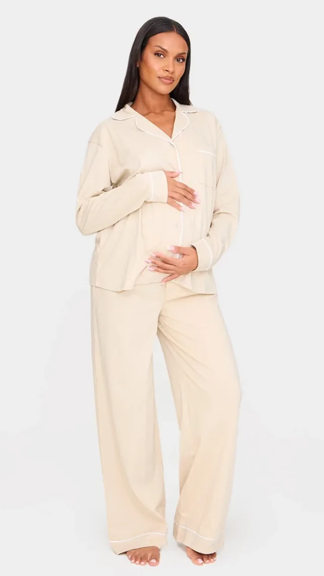 Maternity Sand Jersey Piping Detail Long Pj Set