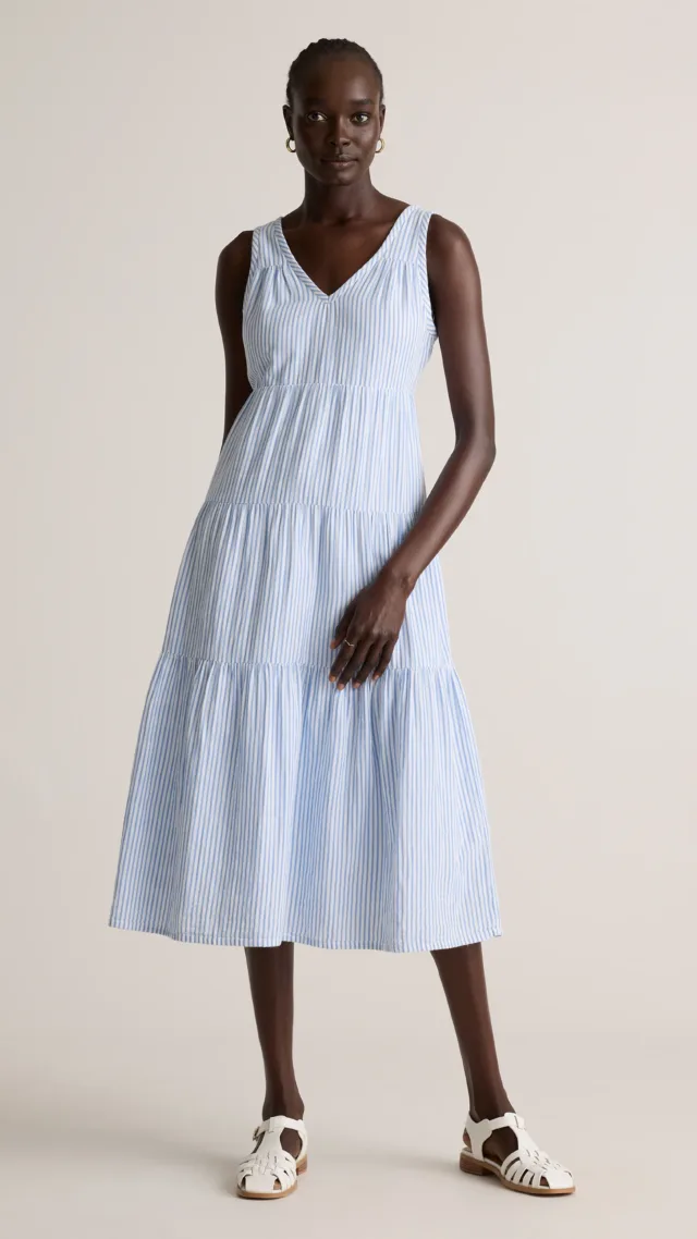 Bayside Stripe Blue/White 100% Organic Cotton Gauze Tiered Maxi Dress
