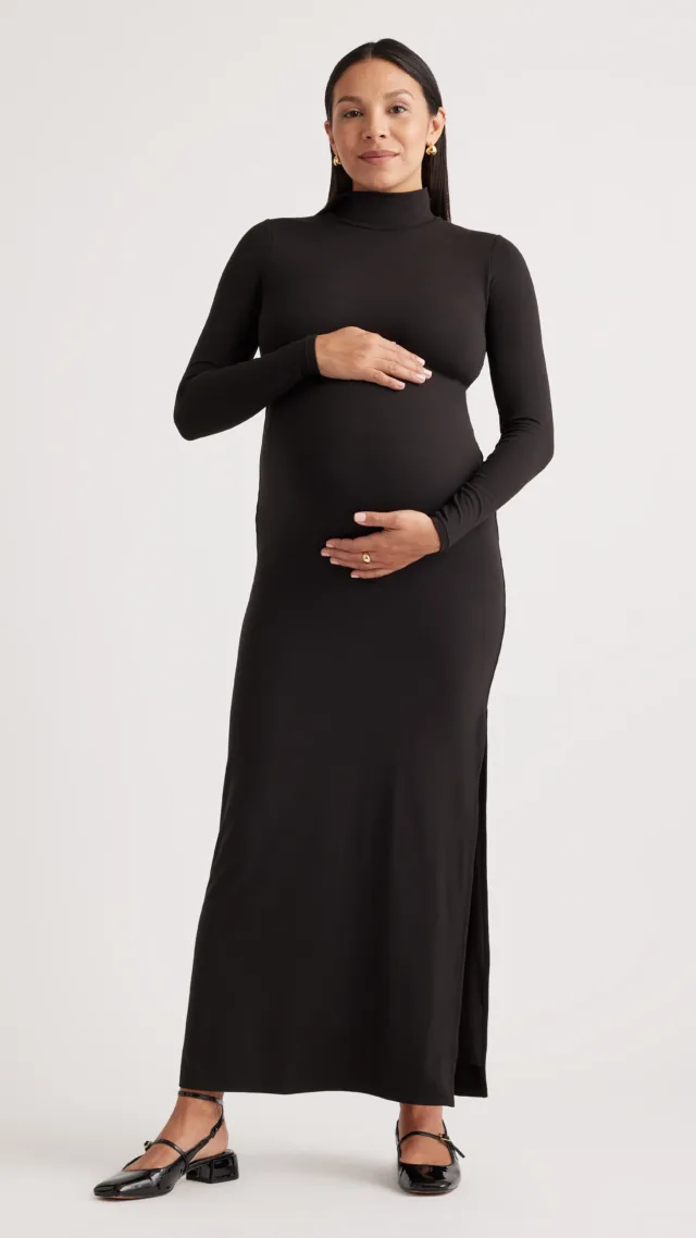 Black Recycled Knit Maternity Mock Neck Maxi Dress