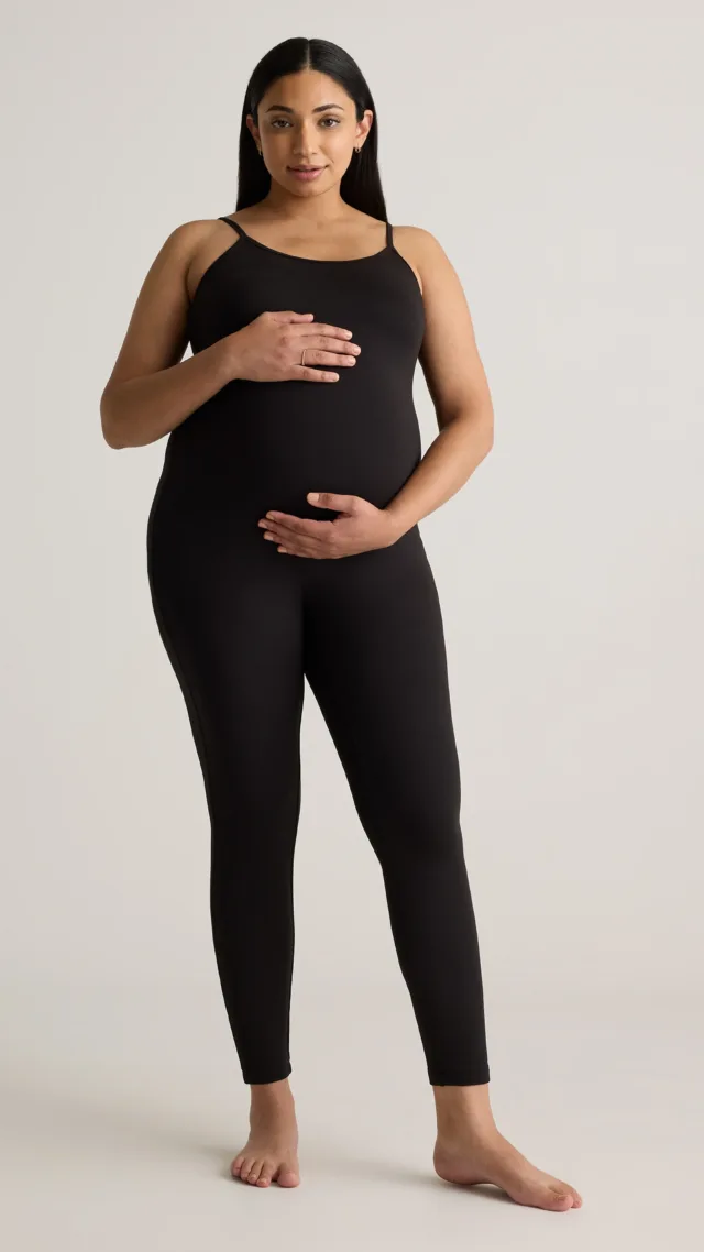 Black Recycled Knit Maternity Spaghetti Strap Unitard