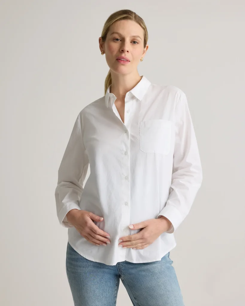 Classic White 100% Organic Cotton Poplin Maternity Long Sleeve Shirt