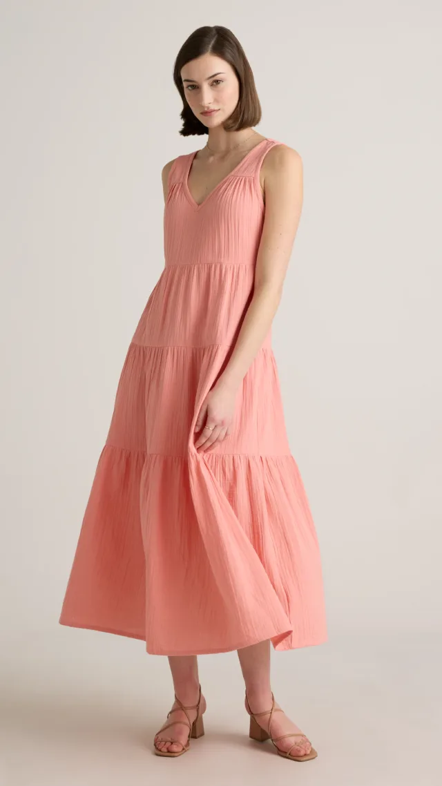 Coral Blush 100% Organic Cotton Gauze Tiered Maxi Dress