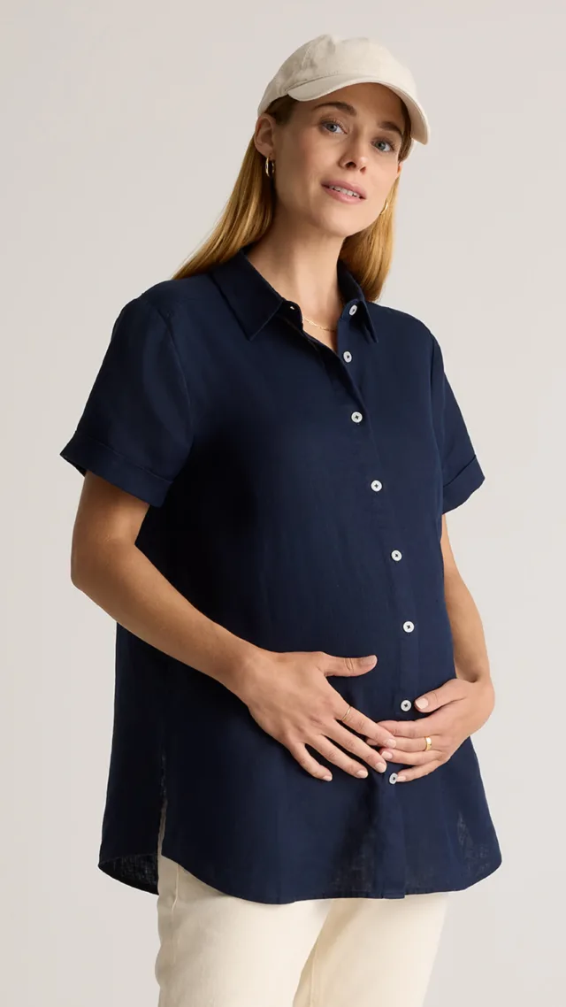 Deep Navy 100% European Linen Maternity Camp Shirt