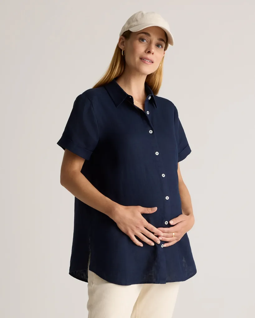Deep Navy 100% European Linen Maternity Camp Shirt