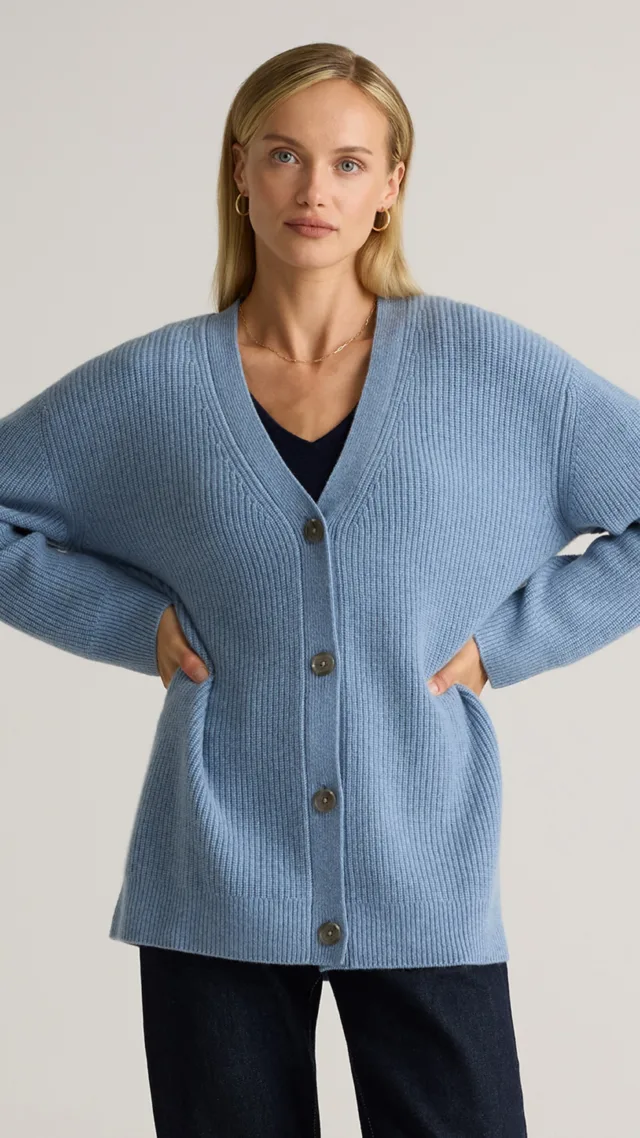 Faded Denim Mongolian Cashmere Oversized Boyfriend Cardigan Sweater