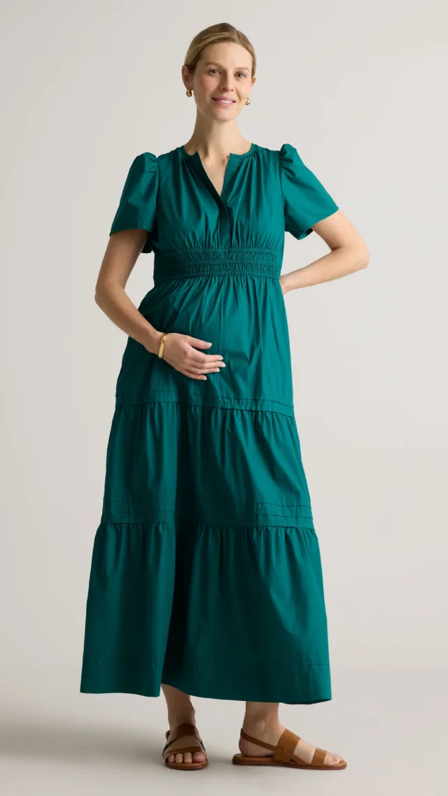 Garden Green 100% Organic Cotton Poplin Maternity Tiered Maxi Dress