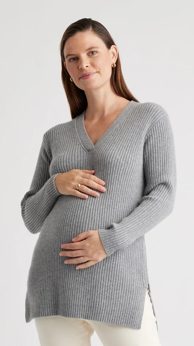 Heather Grey Mongolian Cashmere Ribbed Side Zip Maternity Sweater