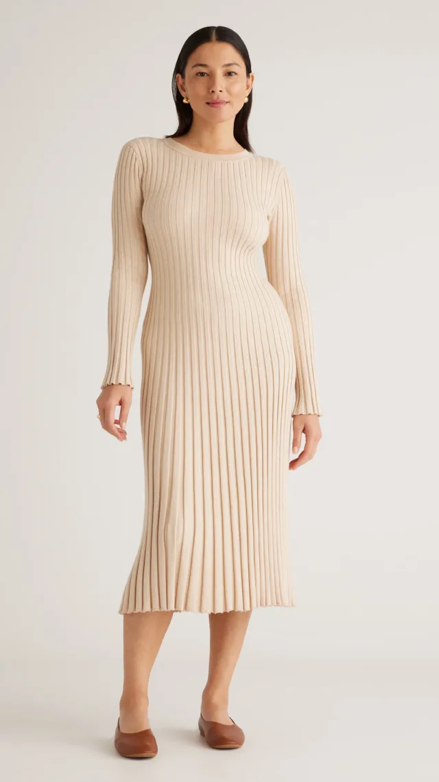 Heather Oatmeal Cotton Cashmere Ribbed Long Sleeve Crew Midi Dress