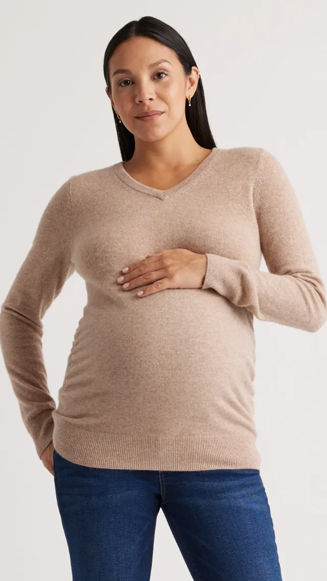 Oatmeal Mongolian Cashmere V-Neck Maternity Sweater