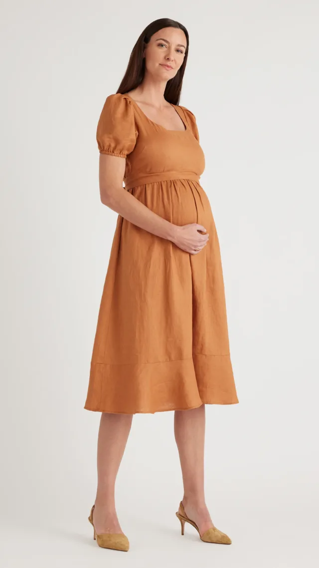 Terracotta 100% European Linen Maternity Short Sleeve Midi Dress