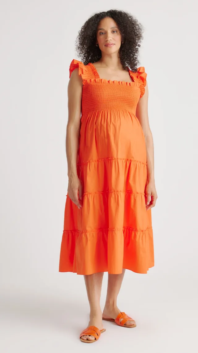 Vermilion Red 100% Organic Cotton Poplin Maternity Smocked Midi Dress