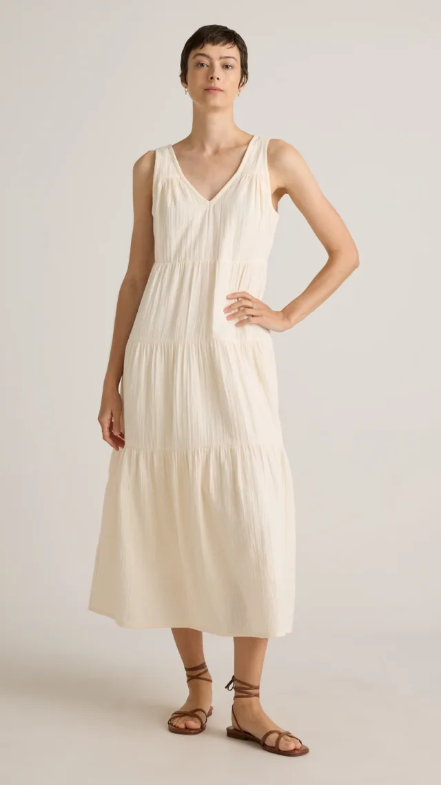 Vintage Cream 100% Organic Cotton Gauze Tiered Maxi Dress