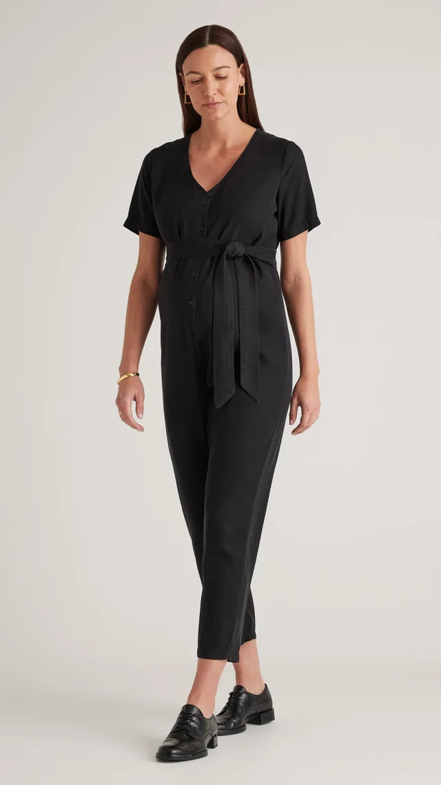 Washed Black Vintage Wash Tencel Button Front Maternity Jumpsuit