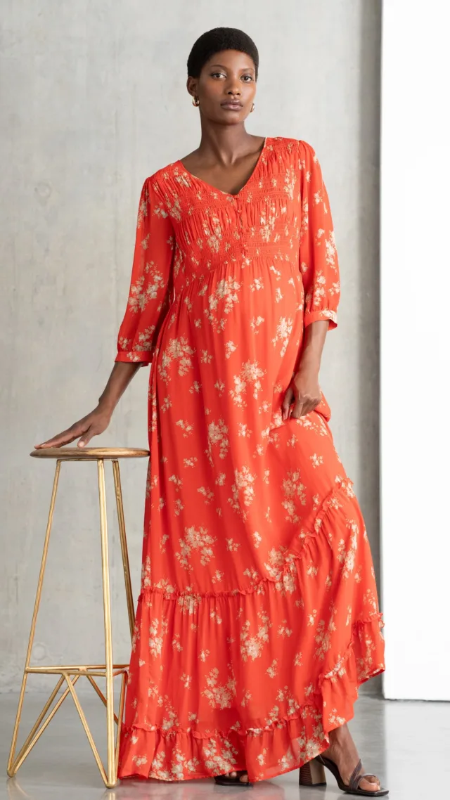 Button-Through Shirred Maternity & Nursing Maxi Dress