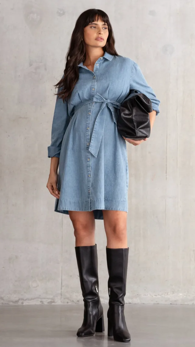 Chambray Tuck Detail Maternity Shirt Dress