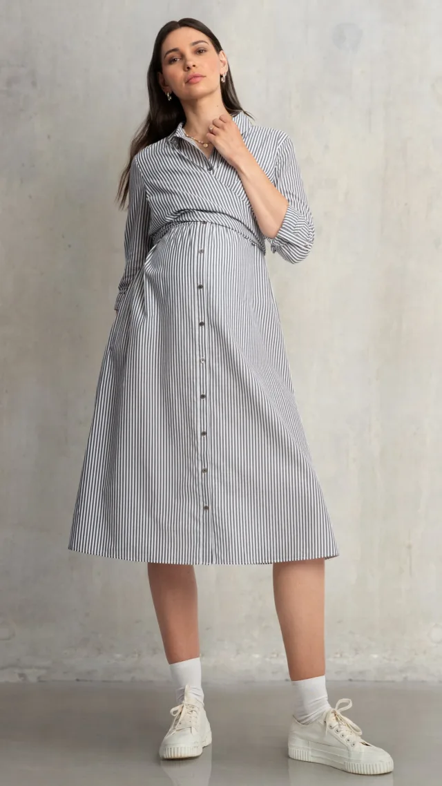 Cotton-Blend Stripe Maternity & Nursing Shirt Dress