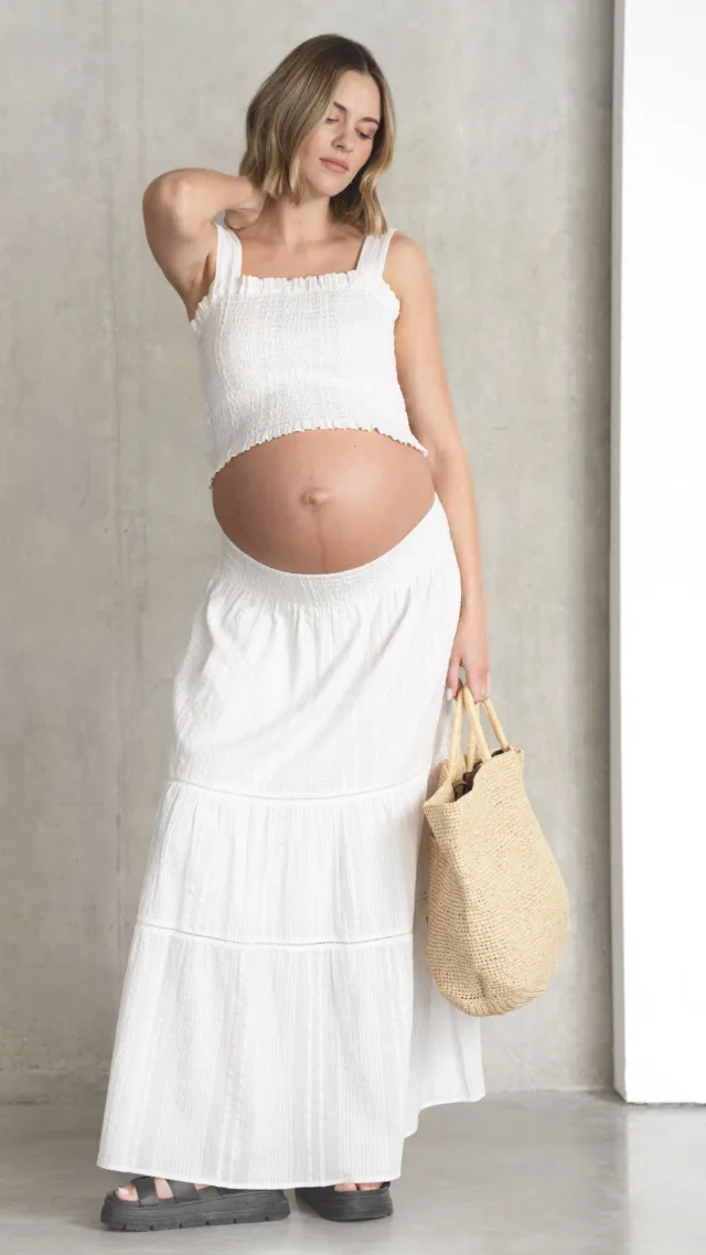 Cotton Seersucker Shirred Top & Skirt Maternity Co-Ord Set