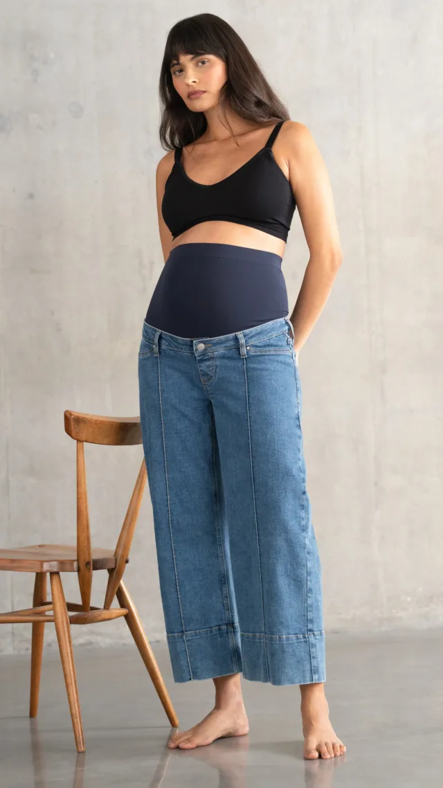 Cropped Pintuck Wide-Leg Maternity Jeans