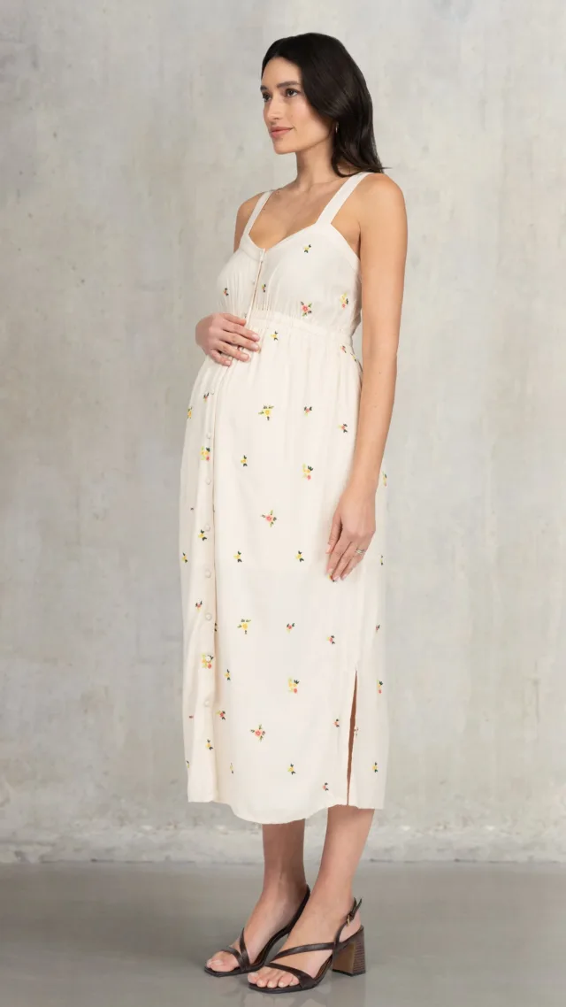 Embroidered Button-Down Midi Maternity-To-Nursing Dress