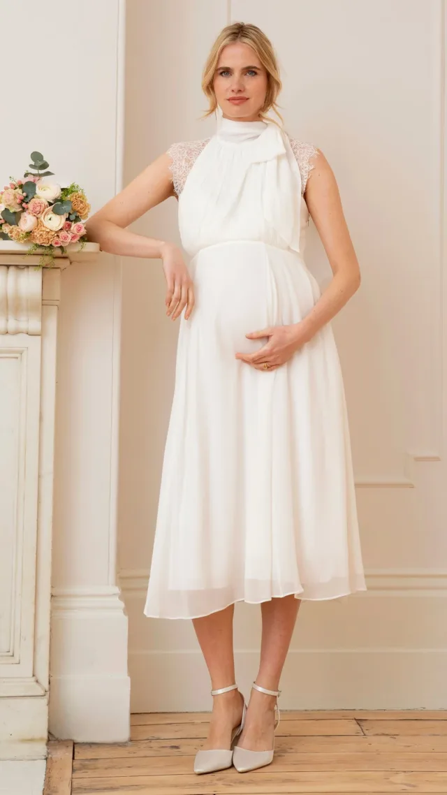 Ivory Maternity & Nursing Dress With Neckline Tie