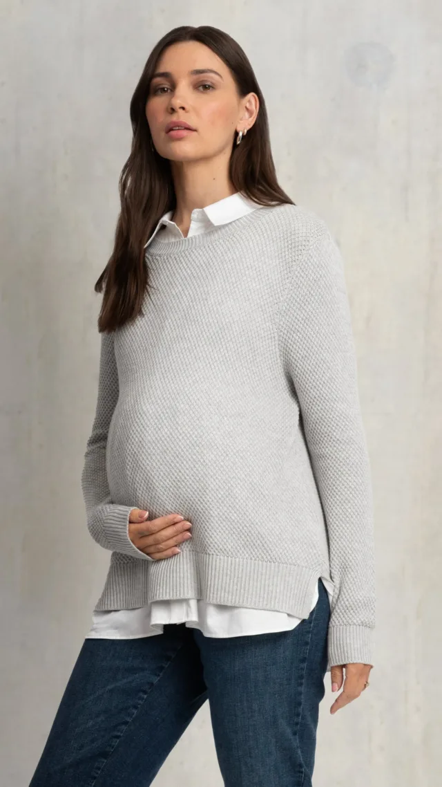 Knit Maternity & Nursing Sweater With Woven Shirt