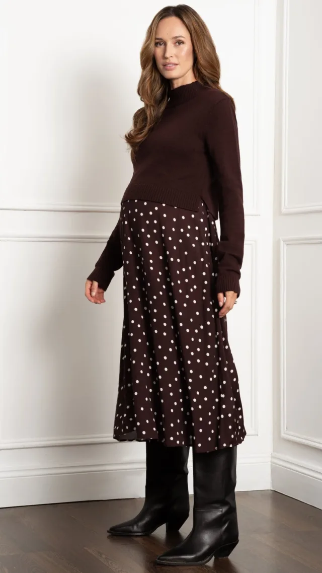 Knit Maternity & Nursing Topper With Spot Print Skirt