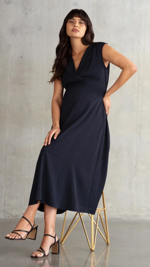 Lapel Collar Midi Maternity Dress
