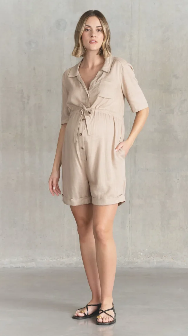 Linen-Blend Button-Down Maternity And Nursing Romper