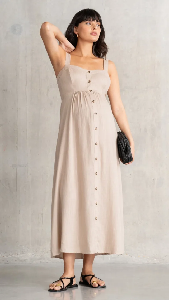 Linen-Blend Button-Front Midi Maternity And Nursing Dress