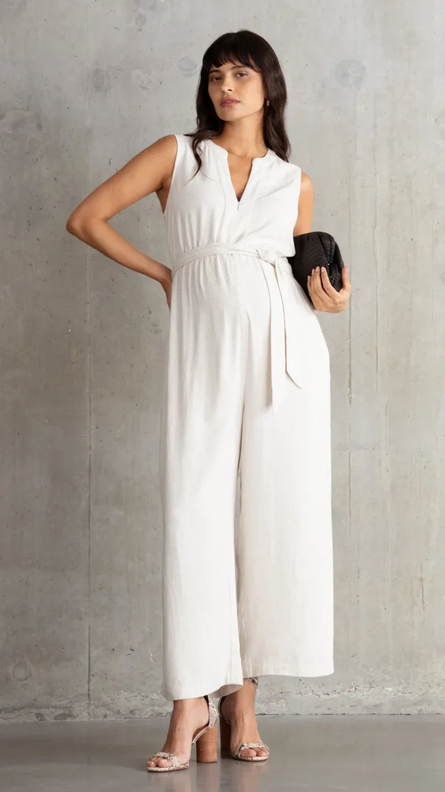 Linen Mix Zip-Front Maternity & Nursing Jumpsuit