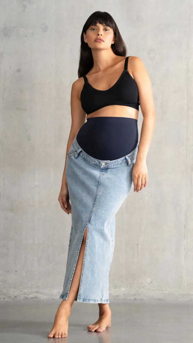 Midi-Length Over Bump Denim Maternity Skirt