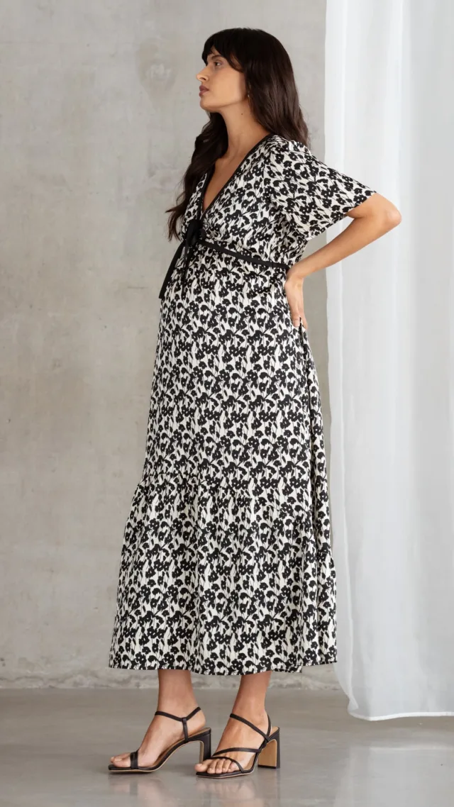 Monochrome Floral Print Maternity & Nursing Tea Dress With Bow Detail