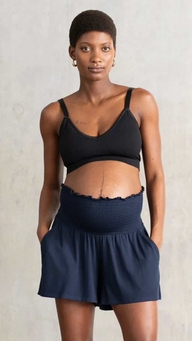 Navy Blue Maternity Shirred Waist Shorts
