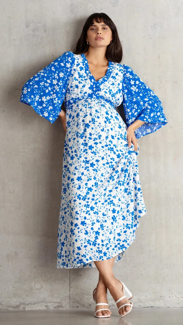 Painted Petal Contrast Print Midi Maternity & Nursing Dress