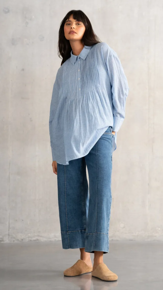 Pintuck Ticking-Stripe Maternity Shirt