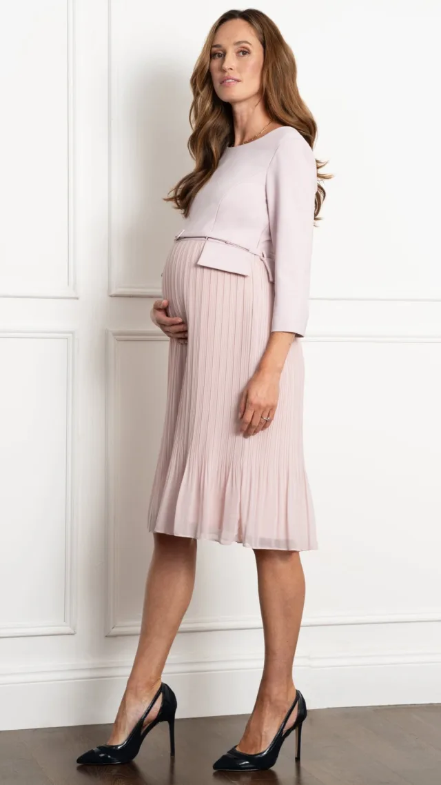 Pleated Skirt Maternity & Nursing Dress With Belt