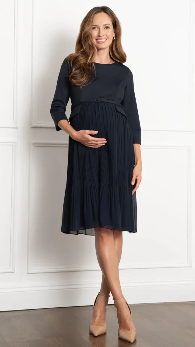 Pleated Skirt Maternity & Nursing Dress With Belt