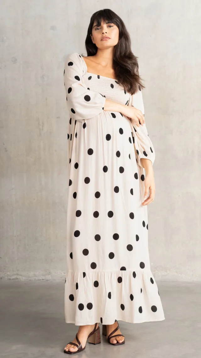 Polka Dot Shirred Bodice Maxi Maternity Dress