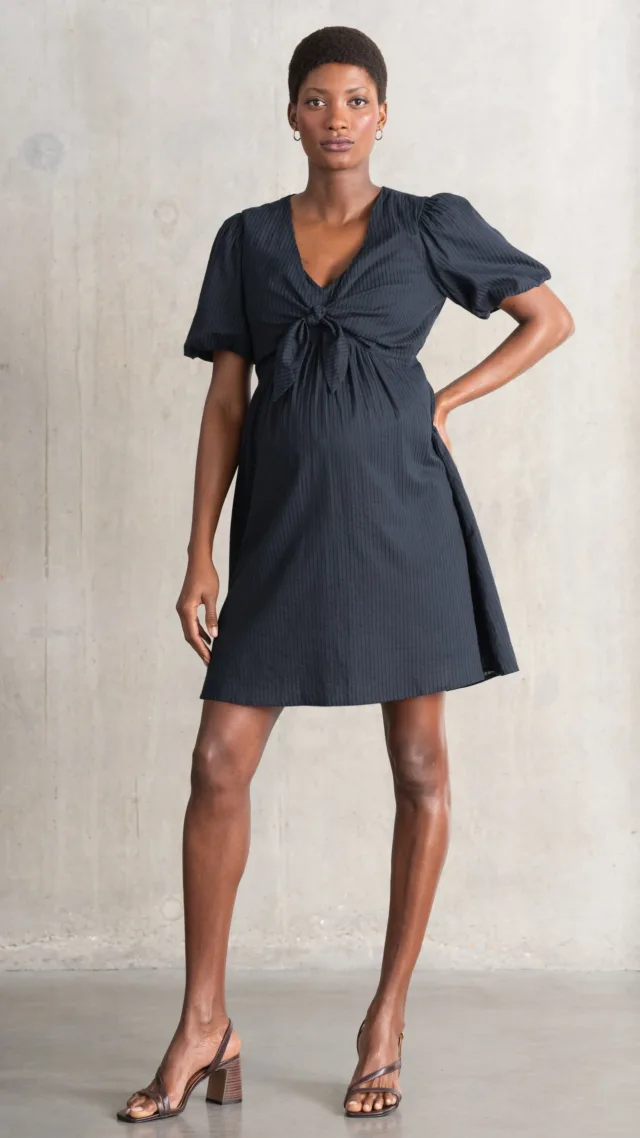 Striped Bow Detail Textured Maternity & Nursing Dress