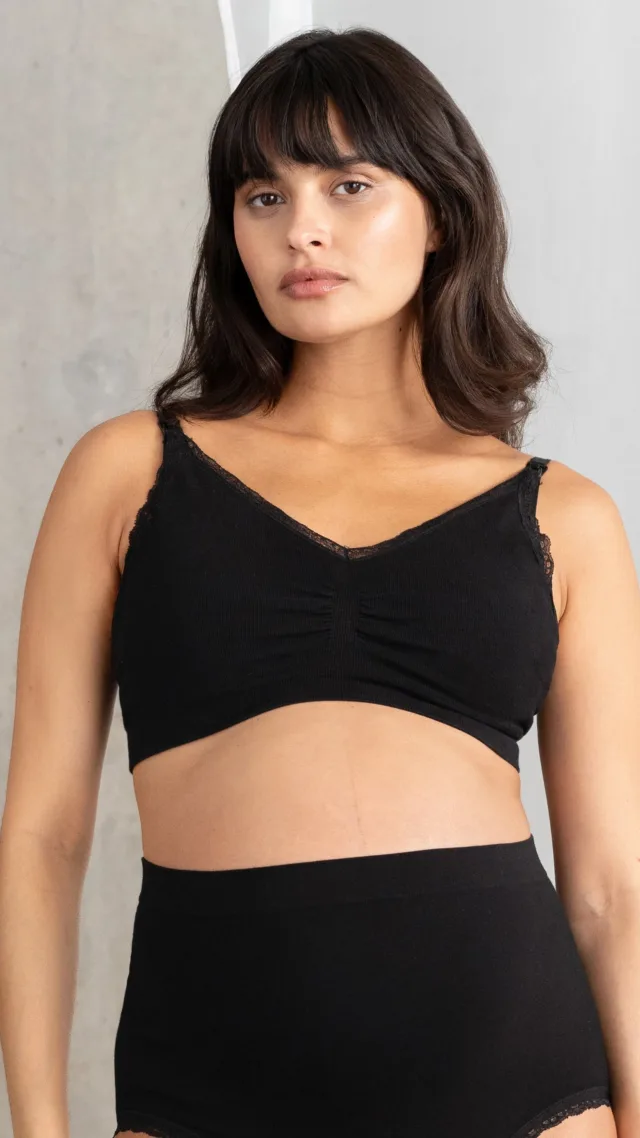 Twin Pack Cotton-Blend Lace Trim Nursing Bras - Black