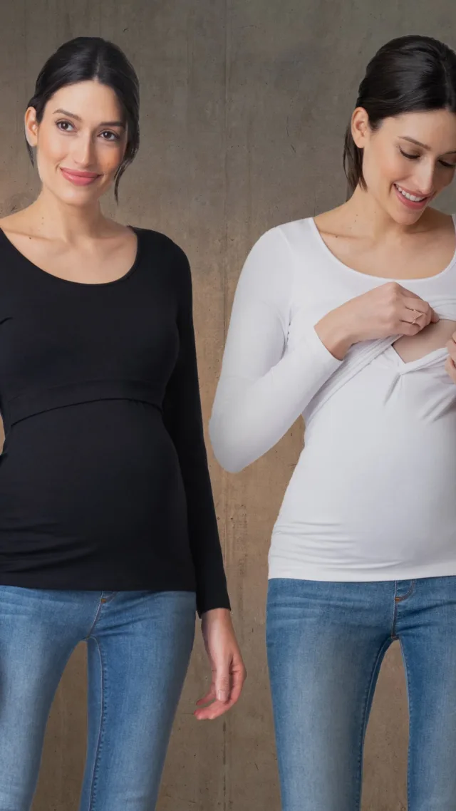 Twin Pack Maternity & Nursing Long Sleeve Tops – Black & White