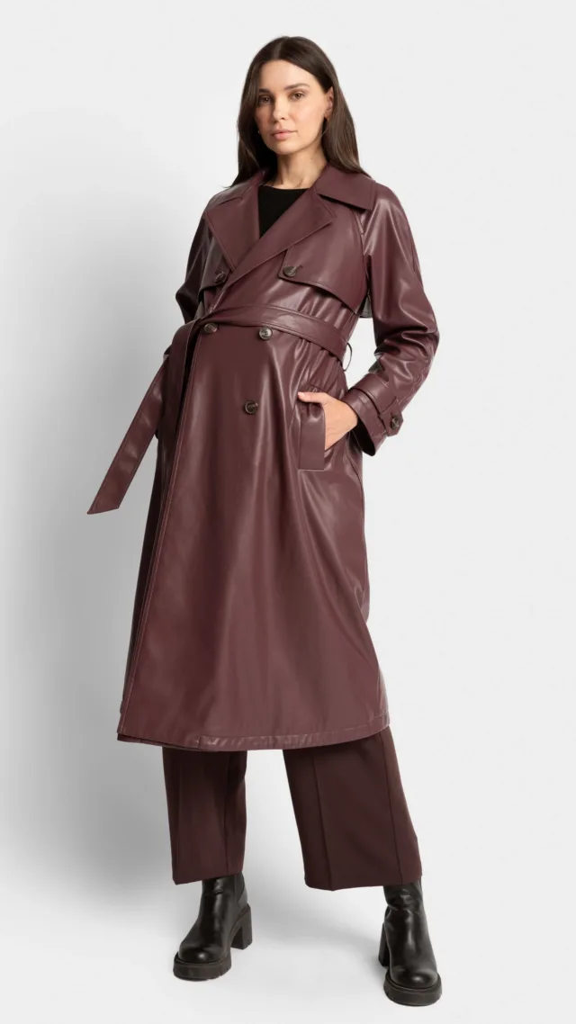 Vegan Leather Belted Maternity Trench Coat