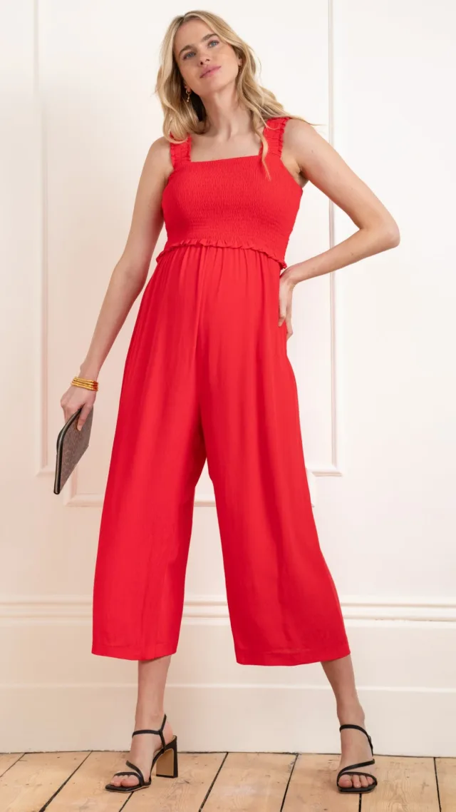 Wide Leg Cropped Red Maternity & Nursing Jumpsuit